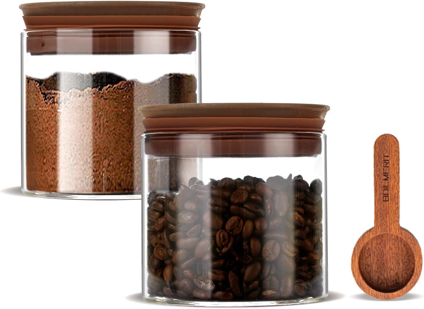 17 oz Coffee Canister with Scoop and Wooden Lids, Airtight Glass Coffee Beans Storage Container Sets of 2 for Ground