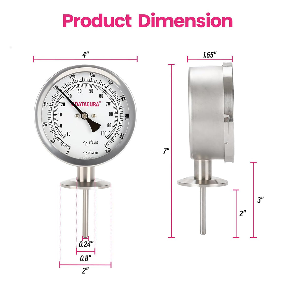 Sanitary Bimetal Thermometer, 0-220 Deg F/-10-100 Deg C