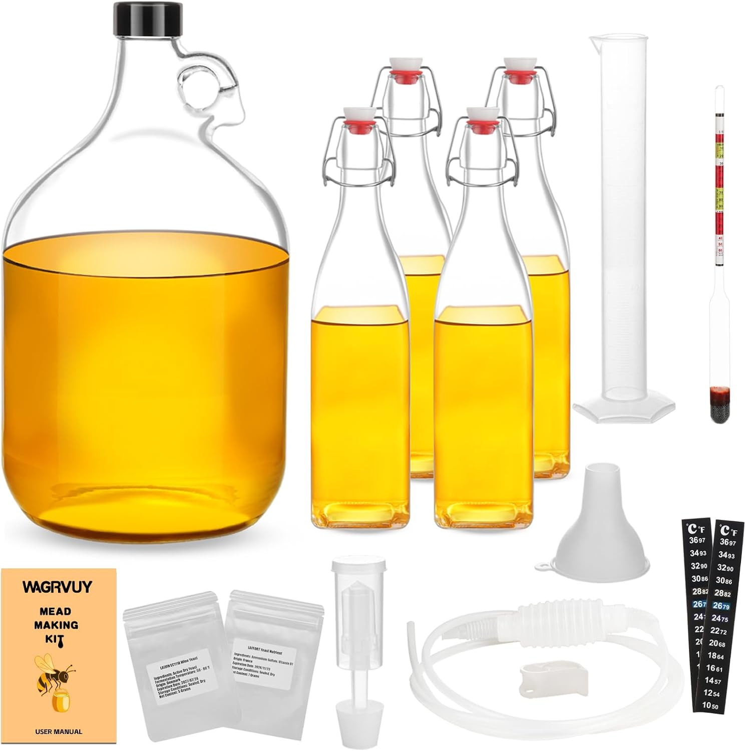 Mead Making Kit for Beginners - Complete Home Brewing Starter Set with Reusable Supplies, 1 Gallon Glass Honey Wine