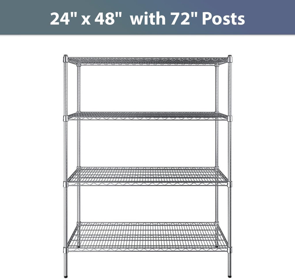 24" x 48" NSF Chrome 4-Shelf Kit with 72" Posts, Commercial Storage Rack Unit, Heavy Duty Storage Shelving, Wire
