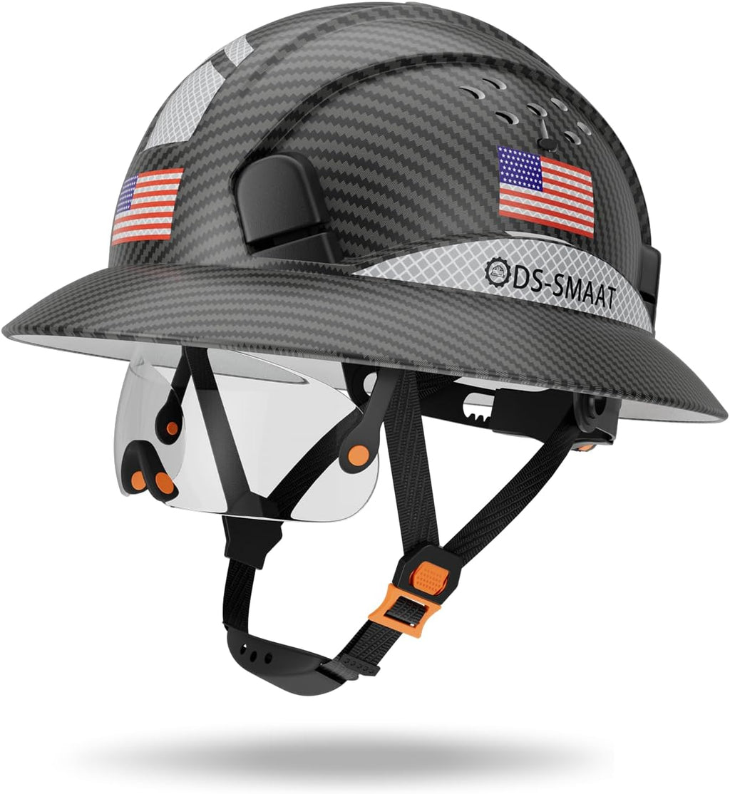 Full Brim Hard Hat with Visor, 6-Point Ratchet Suspension Safety Helmet, Superior Impact Head Protection, ANSI Z89.1