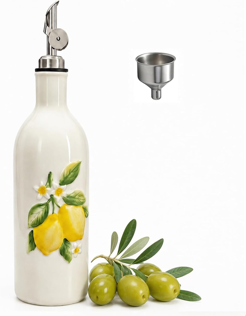 Ceramic Olive Oil Dispenser Bottle with Spout, 18 OZ, Lemon