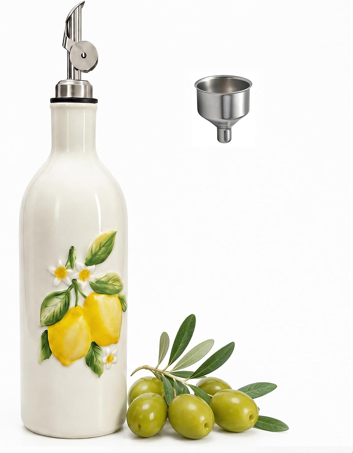 Ceramic Olive Oil Dispenser Bottle with Spout, 18 OZ, Lemon