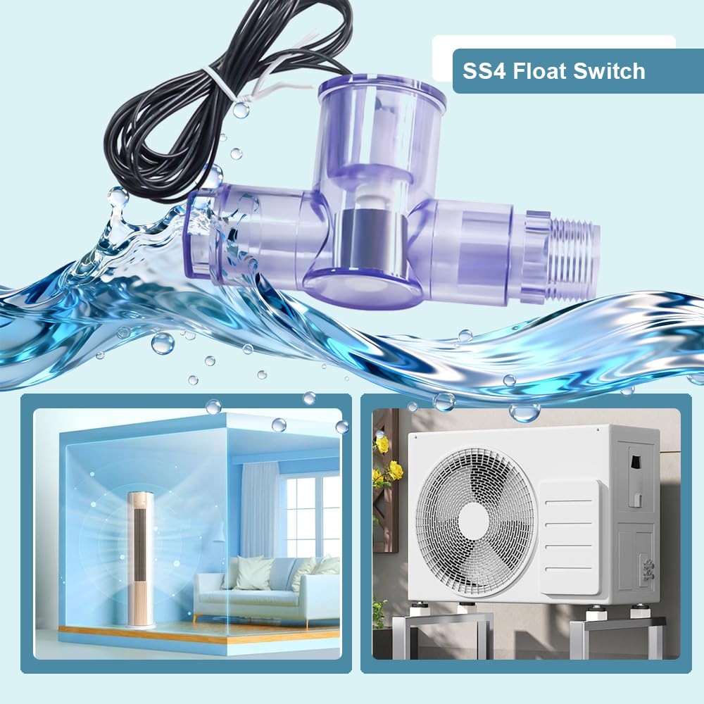 DSY SS4 Transparent Blue Condensate Overflow Float Switch with 3/4 Inch Adaptor and 6FT Wire AC Float Switch