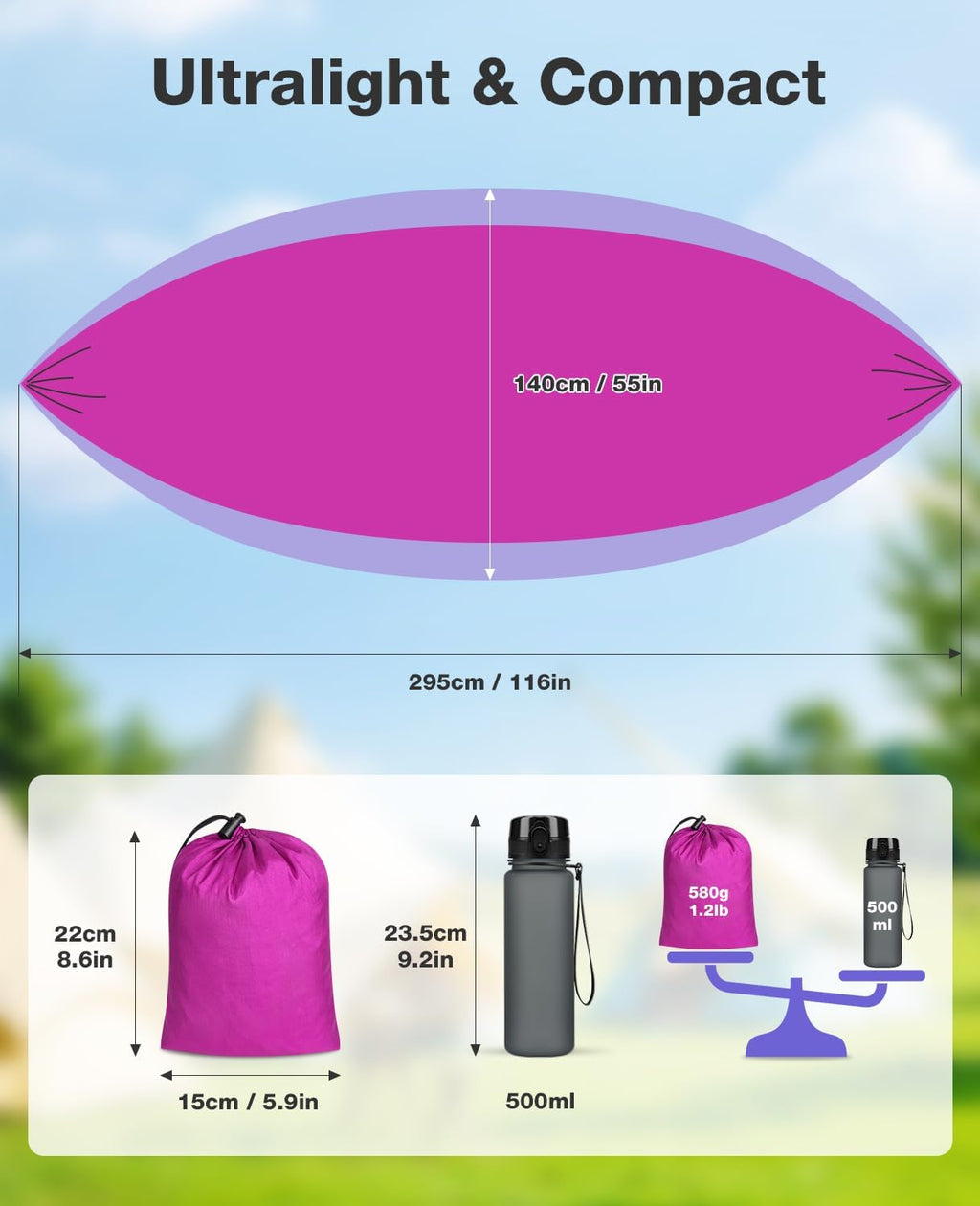 Camping Hammock, Lightweight Parachute Hammock Up to 700lbs with 2 Tree Straps and Attached Carry Bag Portable