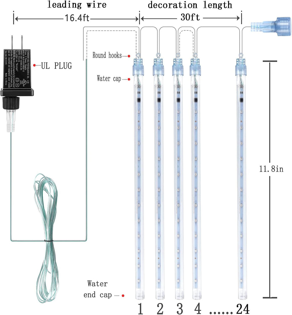 Christmas Lights Outdoor, 24 Tubes Meteor Shower Lights for Xmas Decoration | Equal to 3 Sets of 8-Tubes, Waterproof
