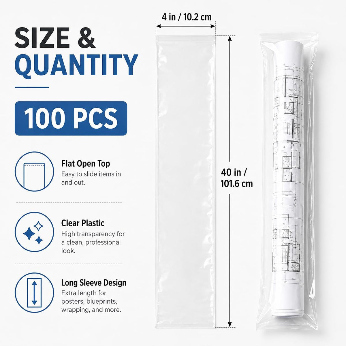 Clear Plastic Sleeves 4x40 Inch, 100 Pack Poster Poly Bags