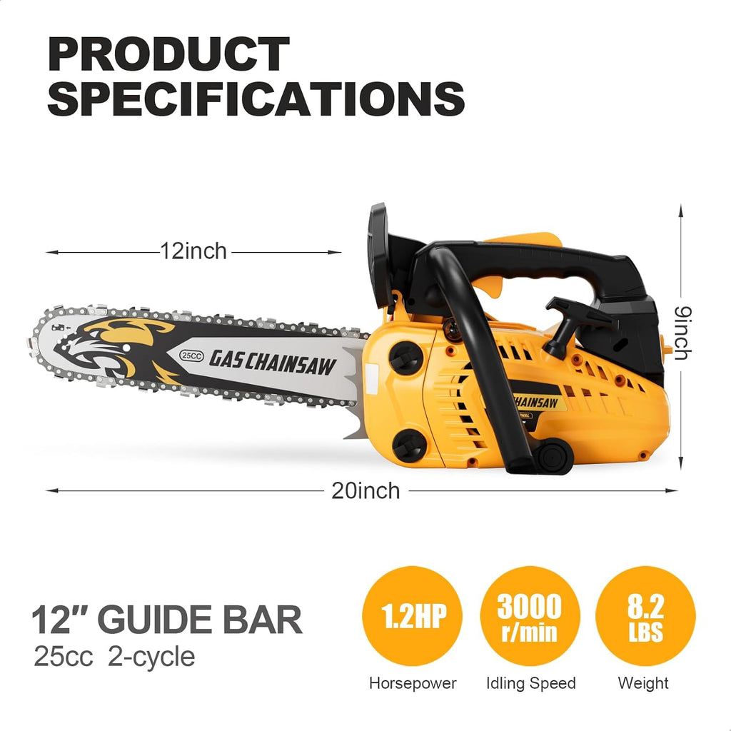 25CC Gas Chainsaw 2-Stroke Gasoline Top Handle Chainsaws 12-Inch Handheld Cordless Chain Saw with Kit for Cutting