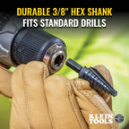 Klein Tools KTSB03 Step Drill Bit Double Fluted #3, 1/4 to 3/4-Inch with Easy-to-Read Markings and Targets, 3/8-Inch Hex Shank