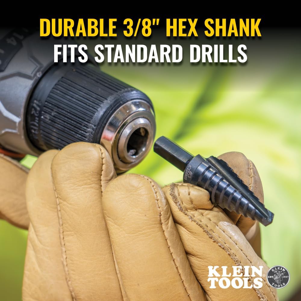 Klein Tools KTSB03 Step Drill Bit Double Fluted #3, 1/4 to 3/4-Inch with Easy-to-Read Markings and Targets, 3/8-Inch Hex Shank