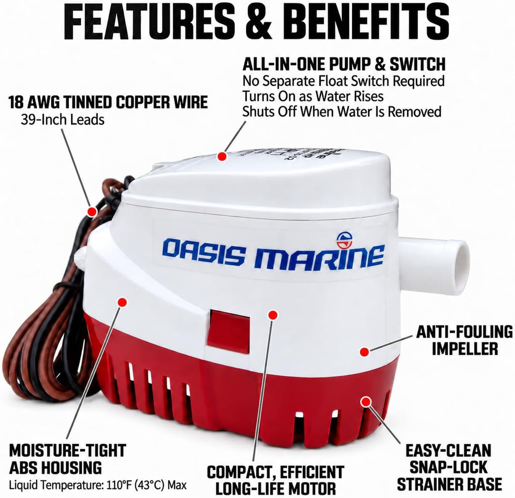 OASIS MARINE 750 GPH 12V Auto Bilge Pump, Built-In Float Switch, 3/4" Hose