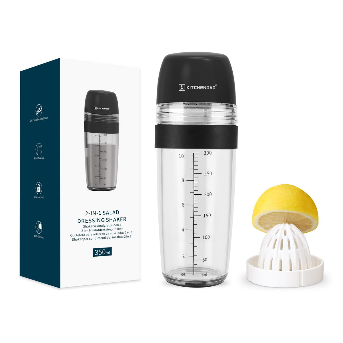 2 in 1 Salad Dressing Shaker Container with Juicer, Pour Spout, Leakproof, Dishwasher Safe, BPA Free, Travel Homemade