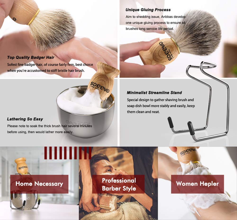 4IN1 Badger Hair Shaving Brush Set Lather for Men Smooth Wet Shave | and Soap Bowl Stand Good Water Absorption Skin