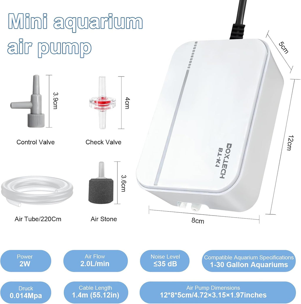 Fish Tank Air Pump, Ultra-Quiet Aerator 2W | Complete quiet aerator kit includes air stone, check valve, control
