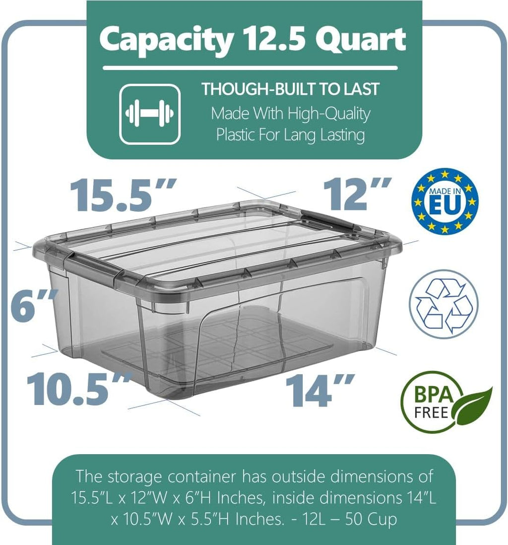 12.5 Quart Storage Bins with Lids, Plastic Storage Containers with Latching Lids For Organizing - Tinted - (15.5’ x