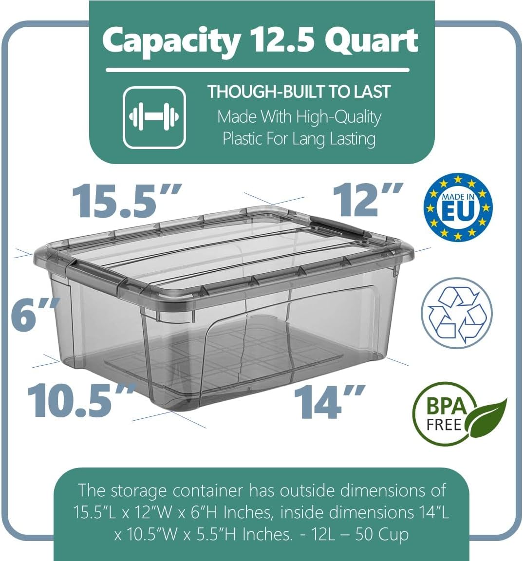 12.5 Quart Storage Bins with Lids, Plastic Storage Containers with Latching Lids For Organizing - Tinted - (15.5’ x