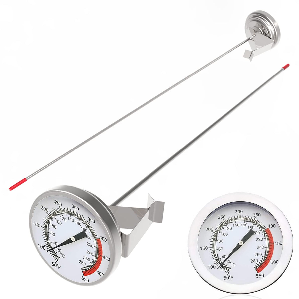 16" Long Stem Deep Fry Thermometer (2 Pack) with Pot Clip, Instant Read 2" Dial Meat BBQ Turkey Thermometer Candy