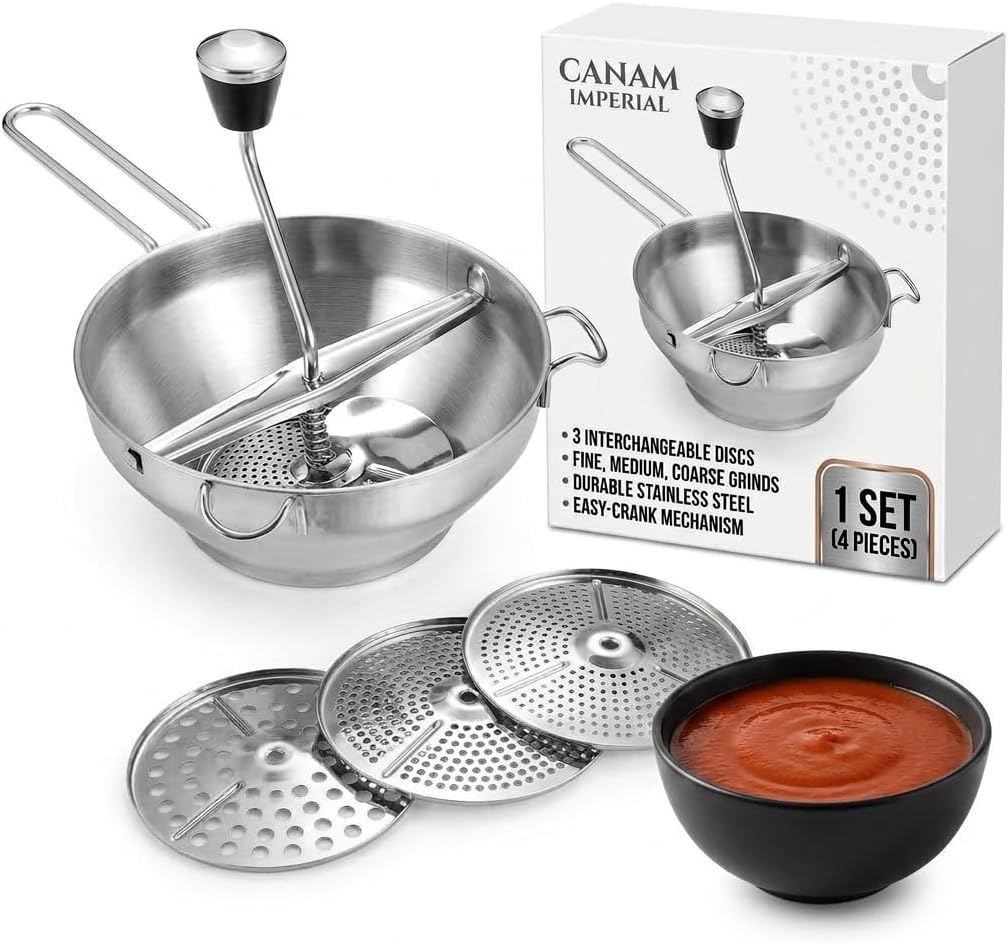 Stainless Steel Food Mill – Heavy-Duty Hand Crank Food Mill with 3 Interchangeable Discs |Manual Food Strainer for
