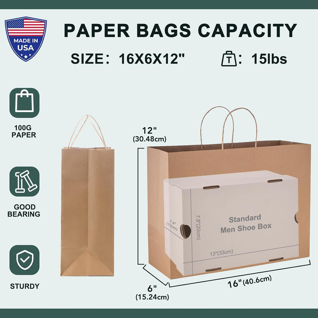 Large Brown Paper Bags with Handles 16x6x12 Inch 100 Pack