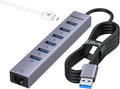 Aluminum USB to Ethernet Adapter with 7-Port USB Hub – 3.9ft Long Cable, Gigabit Ethernet Port, 5V/3A Power Port |