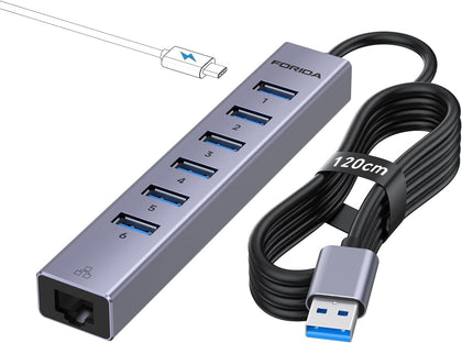 Aluminum USB to Ethernet Adapter with 7-Port USB Hub – 3.9ft Long Cable, Gigabit Ethernet Port, 5V/3A Power Port |