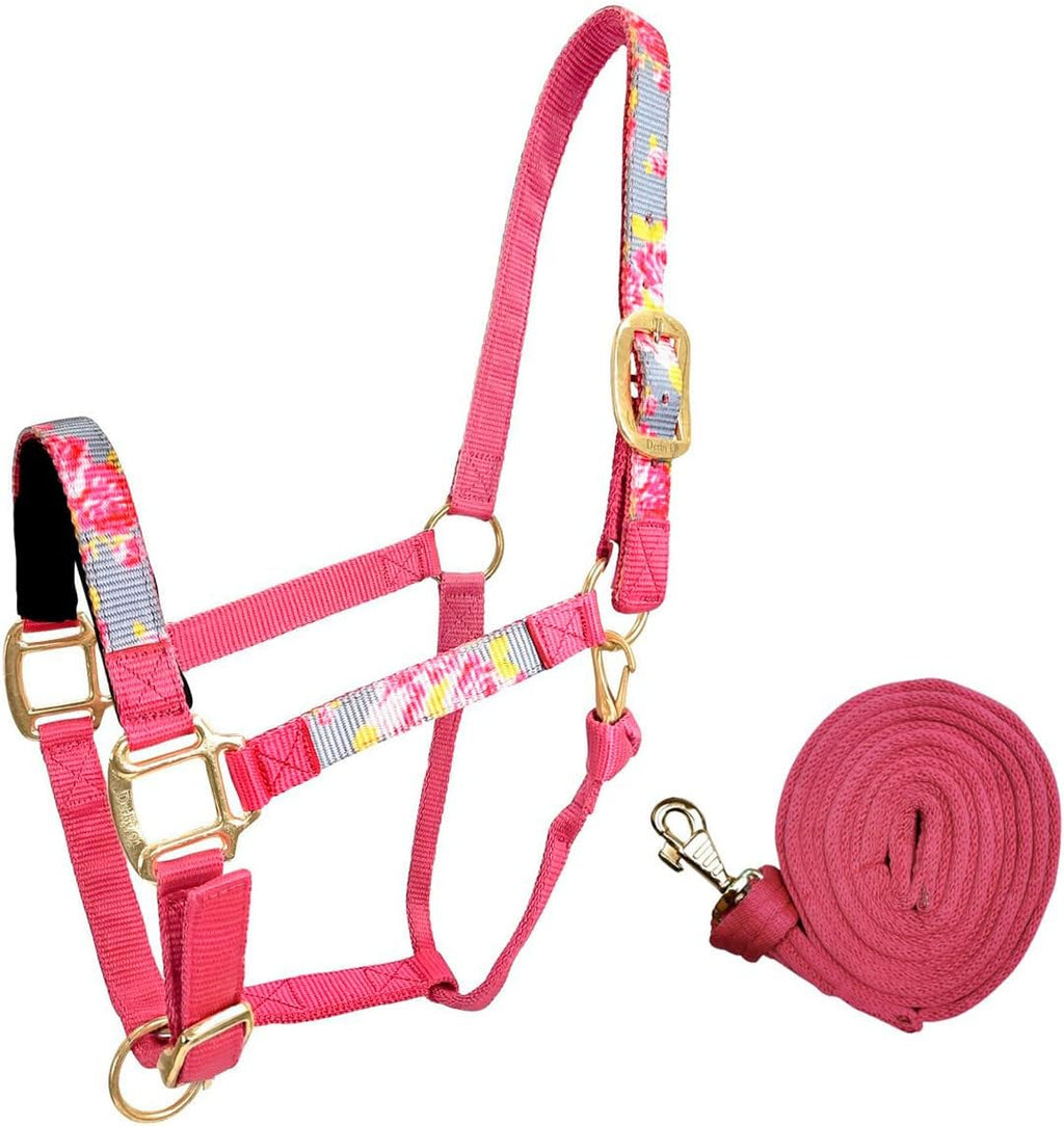 Patterned Nylon Adjustable Horse Halters with Padded Noseband and Matching 10’ Soft Grip Lead Rope with one Year