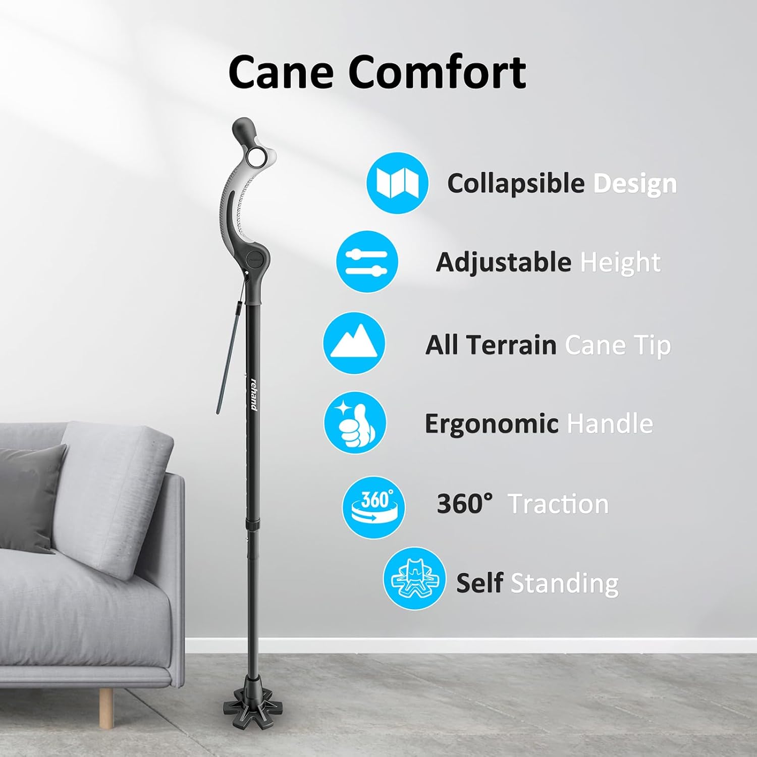 Adjustable Walking Cane for Seniors Adults - Ergonomic Anti-Slip Grip, 10 Height Settings (40"-49"), 350lbs Weight