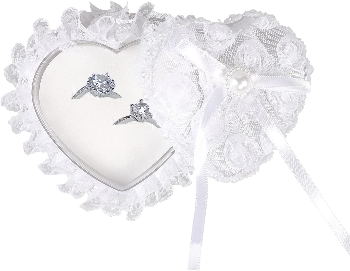 Romantic Heart Shaped Wedding Ring Bearer Box Wedding Ring Holder Lace Pearl Flower Elegant Ring Bearer Pillow for