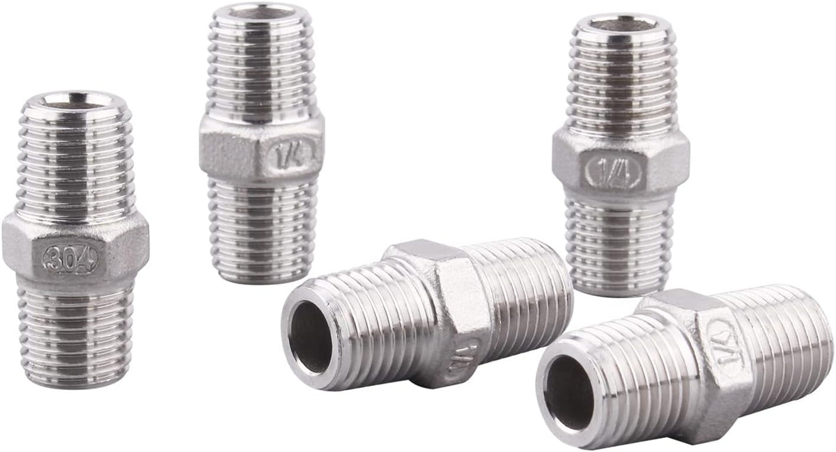 Hex Nipple 1/4 Inch Male NPT - DERPIPE Stainless Steel 304 Threaded Pipe Fitting for Brew Kit, Home Piping Application(Pack of 5)