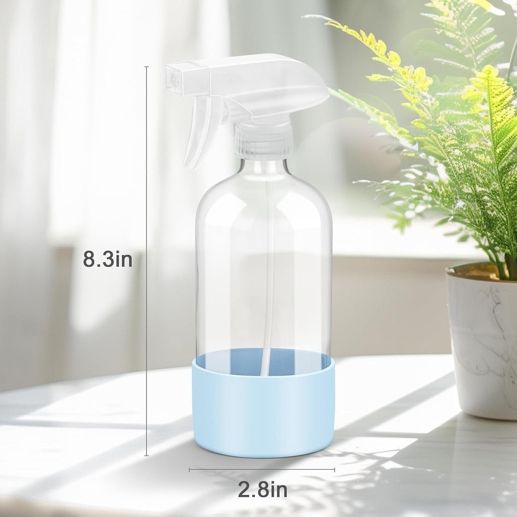 2 Pack Glass Spray Bottles with Silicone Sleeve, 16 oz Empty Refillable Containers with Adjustable Spray Nozzles