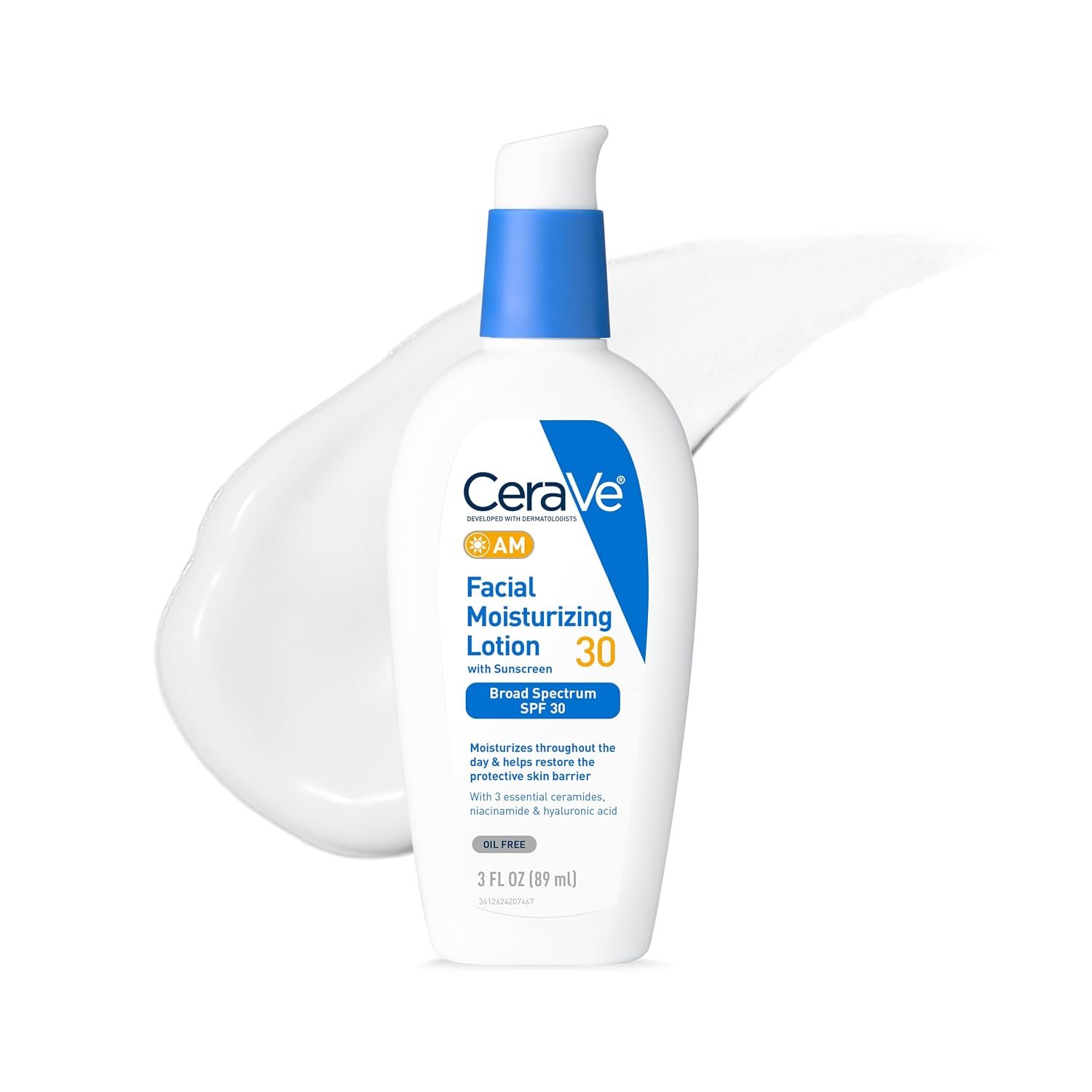 AM Oil Face Moisturizer Lotion, Sunscreen for Face, SPF 30, 3oz | Skin Care with Hyaluronic Acid & Niacinamide