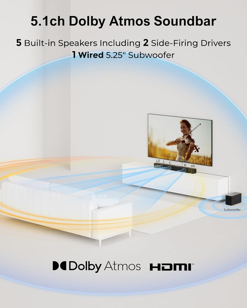 5.1CH Surround Sound Bar System with Dolby Atmos, Poseidon M60 | VoiceMX, BassMX, APP, 300W Soundbar for Smart TV