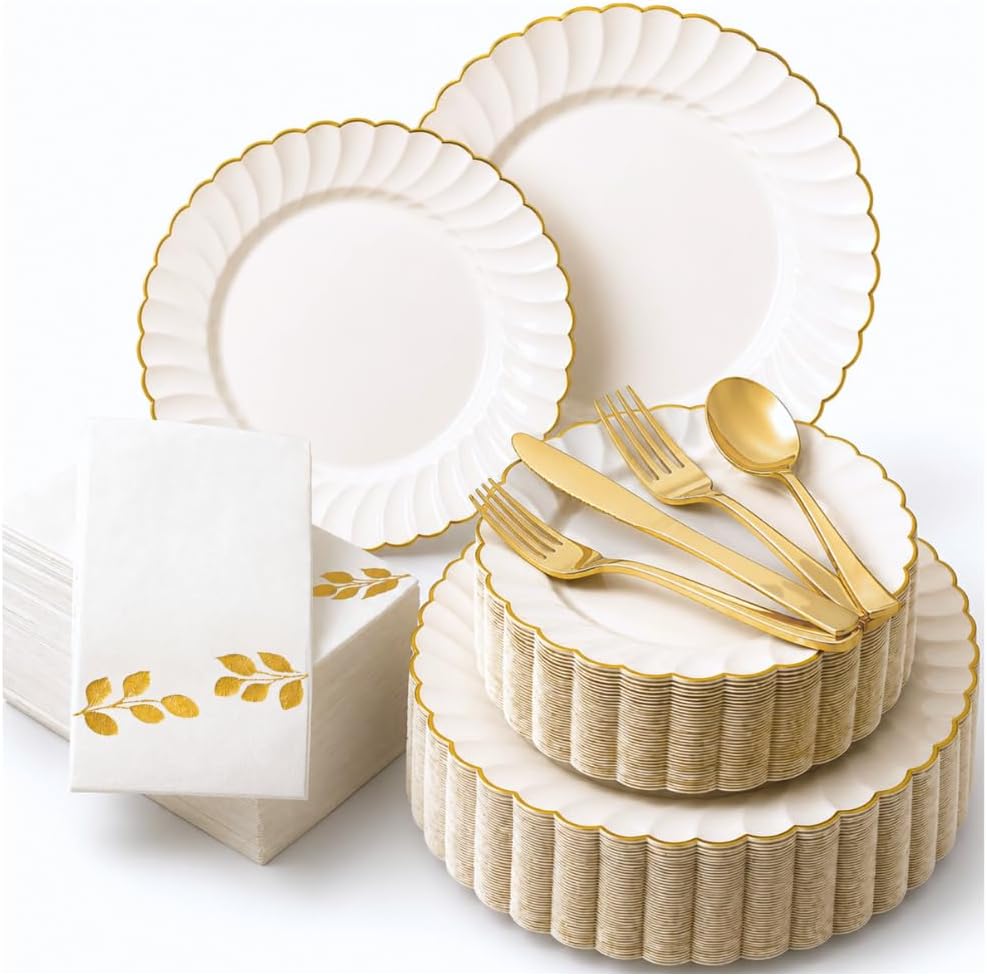 HEAVYWEIGHT Gold Scalloped Disposable Dinnerware Set 175 Pc