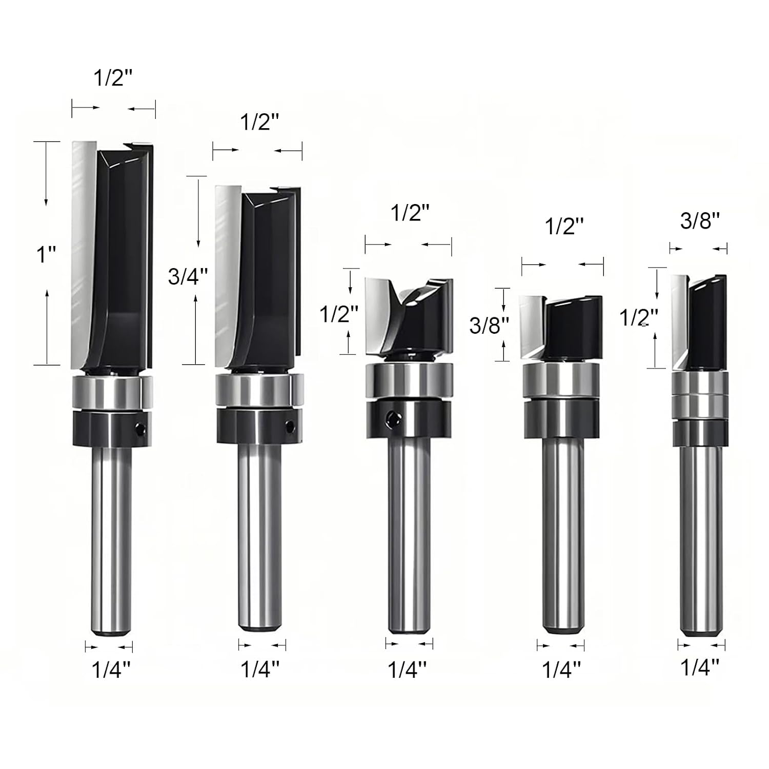 Pattern Flush Trim Router Bit 1/4 Shank Carbide Tipped Router Template Bit | Top Bearing Flush Trim Bits with 5