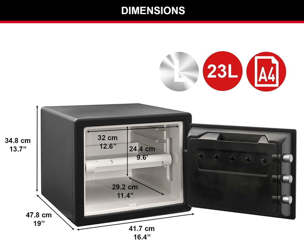 Certified Fireproof and Waterproof Safe, 23L, 417 x 348 x 478 mm, Digital Combination with Backlit Keypad