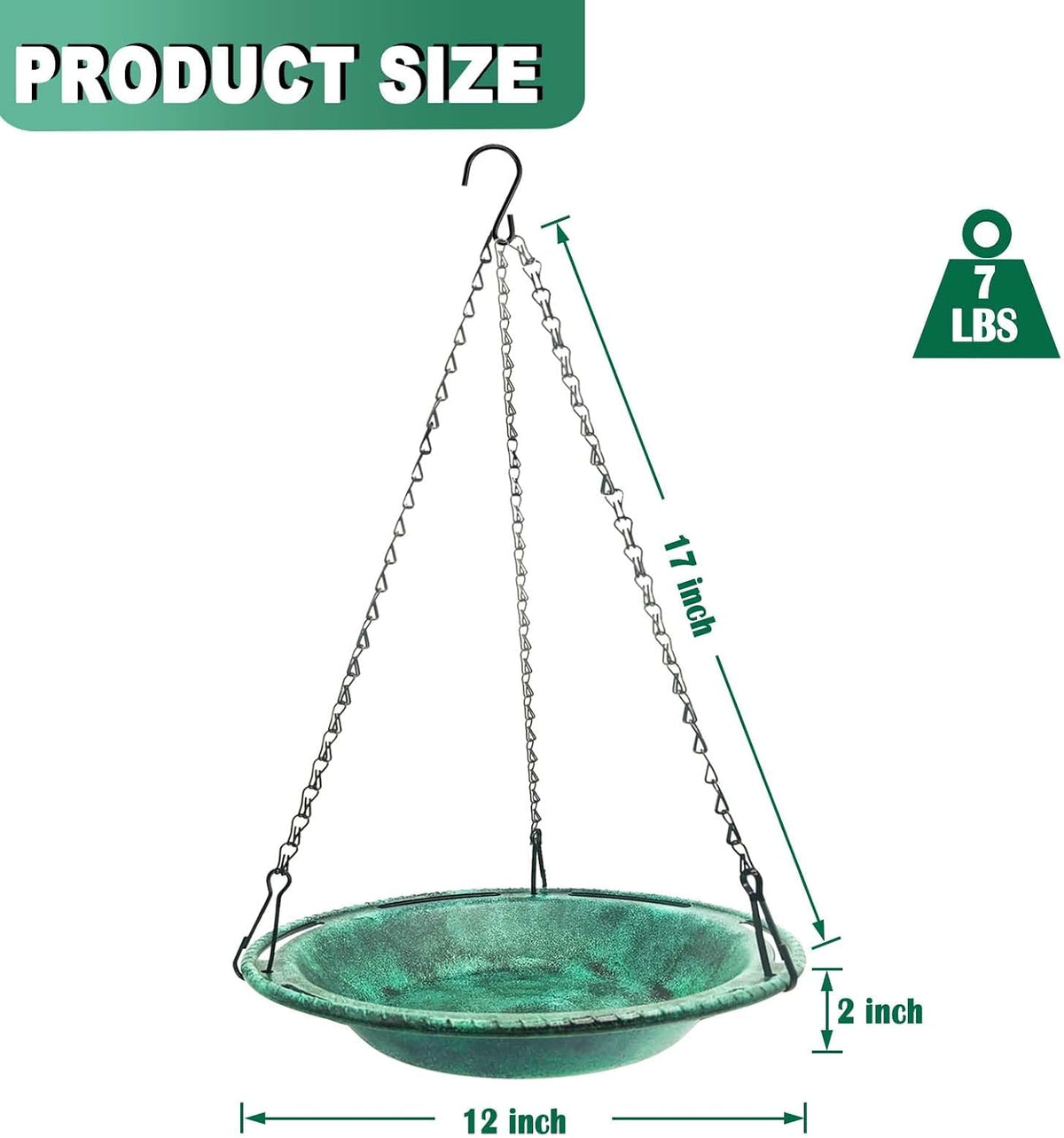 Hanging Bird Bath & Feeder Bowl, 12 in, Antique Green