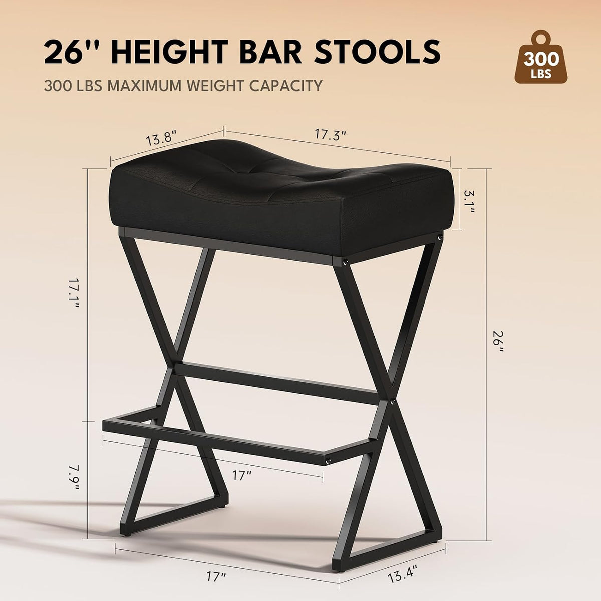 Counter Height Bar Stools Set of 3, Backless 26" Saddle Barstools, Black