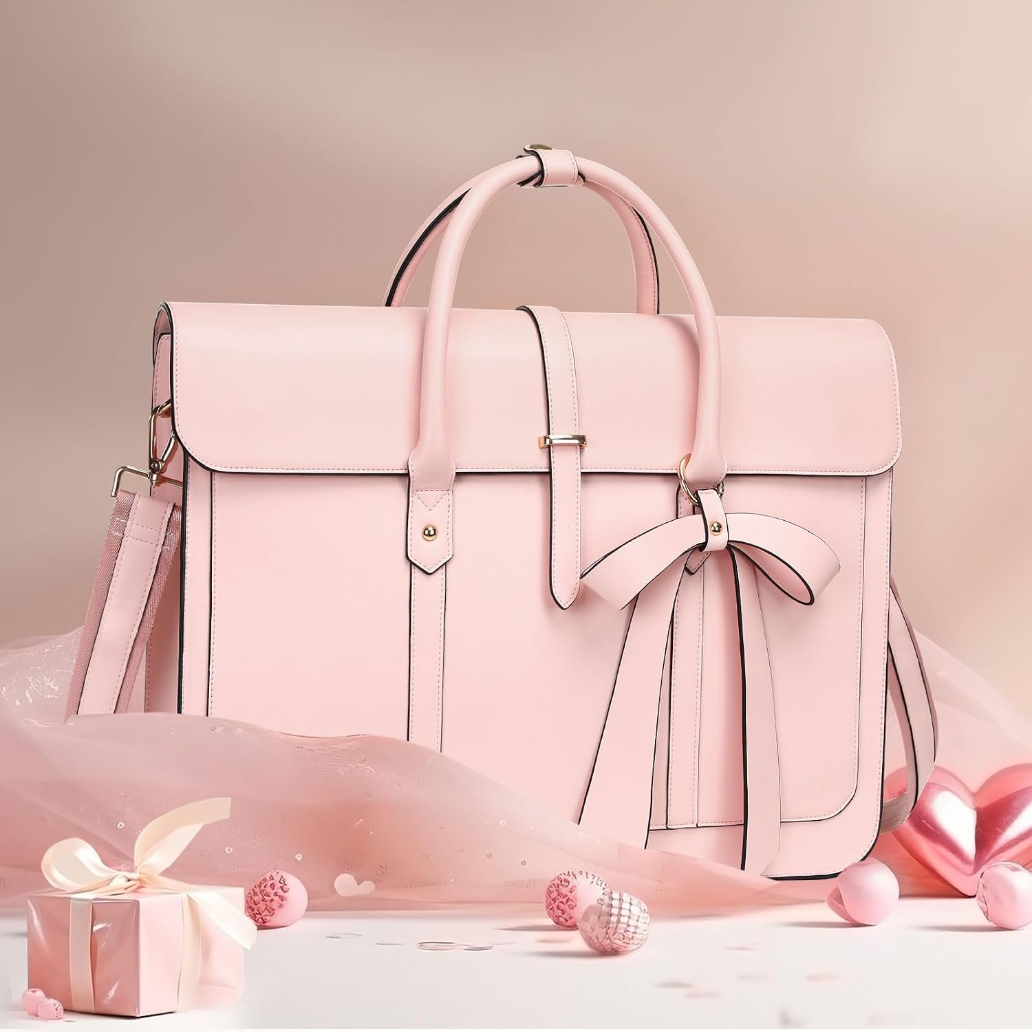 Laptop Bag for Women, PU Leather Laptop Shoulder Bags Convertible Backpack, Work Travel Computer Bag with Bowknot