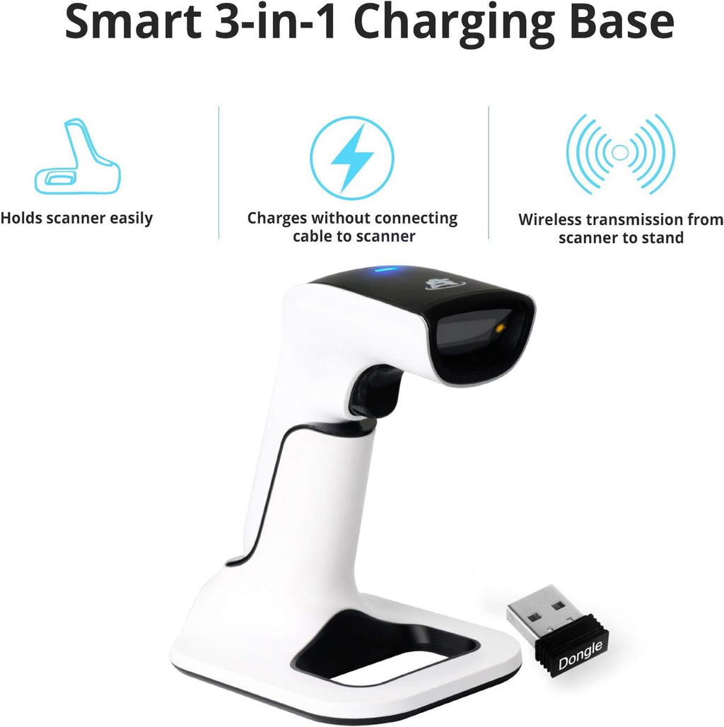Wireless Portable 1D&2D with Stand Bluetooth Barcode Scanner: 3-in-1 Handheld Scanner, Rechargeable Battery for