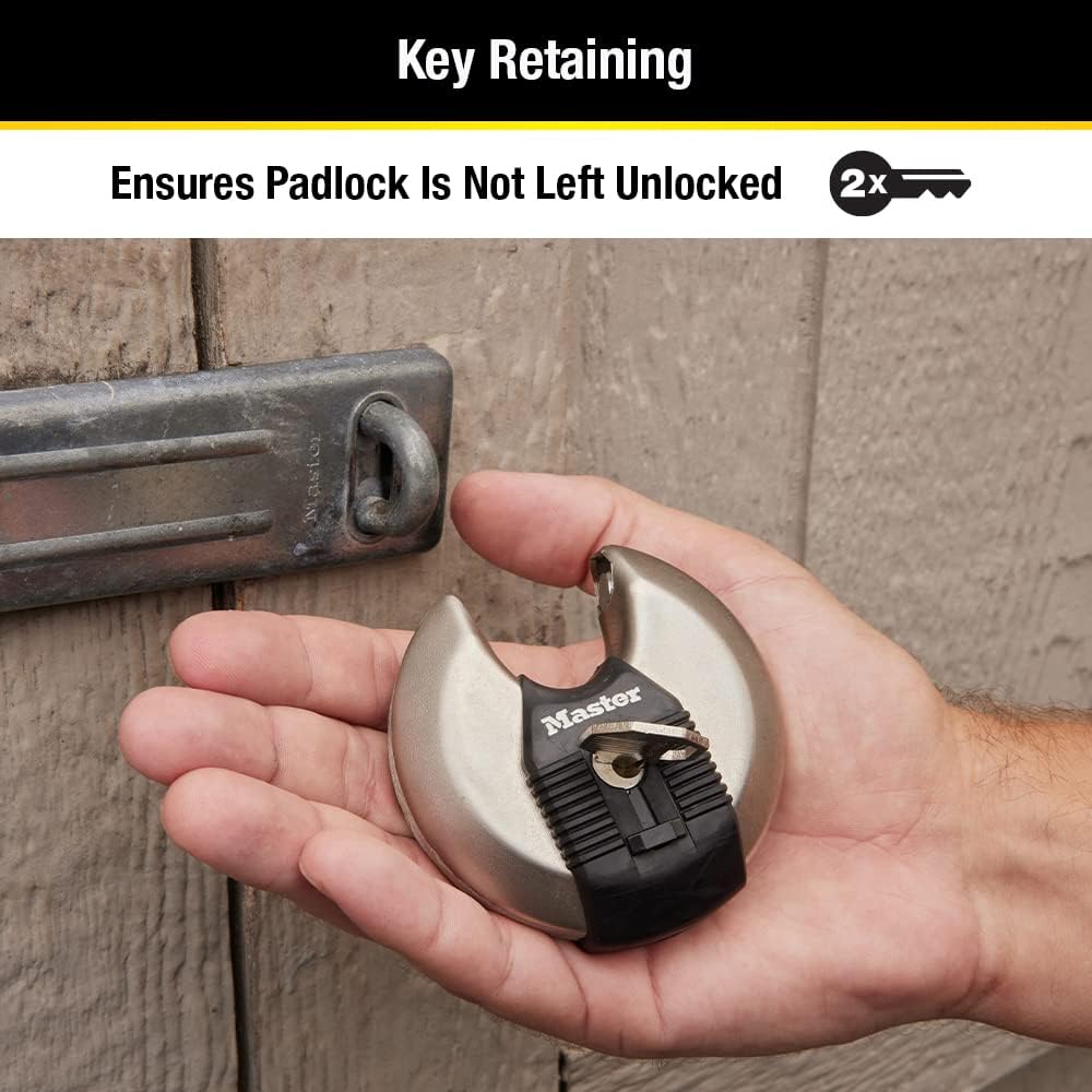 3-1/8" Wide Disc Padlock, Heavy-Duty Stainless Steel, M50XKA | Discus Lock For Storage Units, Sheds and