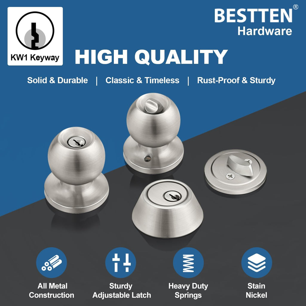 Keyed Same Exterior Door Knob and Single Cylinder Deadbolt Combo Set, Keyed Alike Entry Door Knobs with Lock and Keys