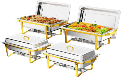 Chafing Dishes for Buffet 4 Pack, 9QT Chafing Dishes [Elegant Gold & Silver] with Rolled-Edge Design, Catering Chafer
