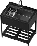 Stainless Steel Utility Sink, 36.6" × 24.2" × 36.6" Freestanding Sink with Cold and Hot Water Faucet, Hoses and Drain