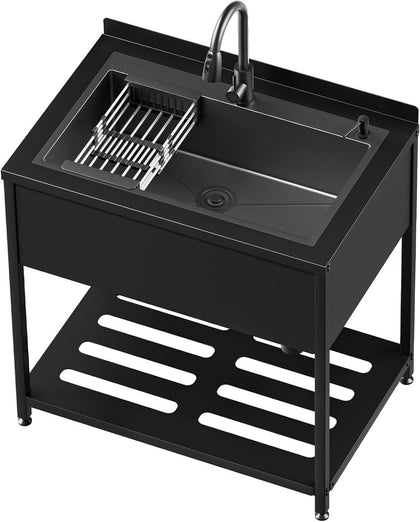 Stainless Steel Utility Sink, 36.6" × 24.2" × 36.6" Freestanding Sink with Cold and Hot Water Faucet, Hoses and Drain