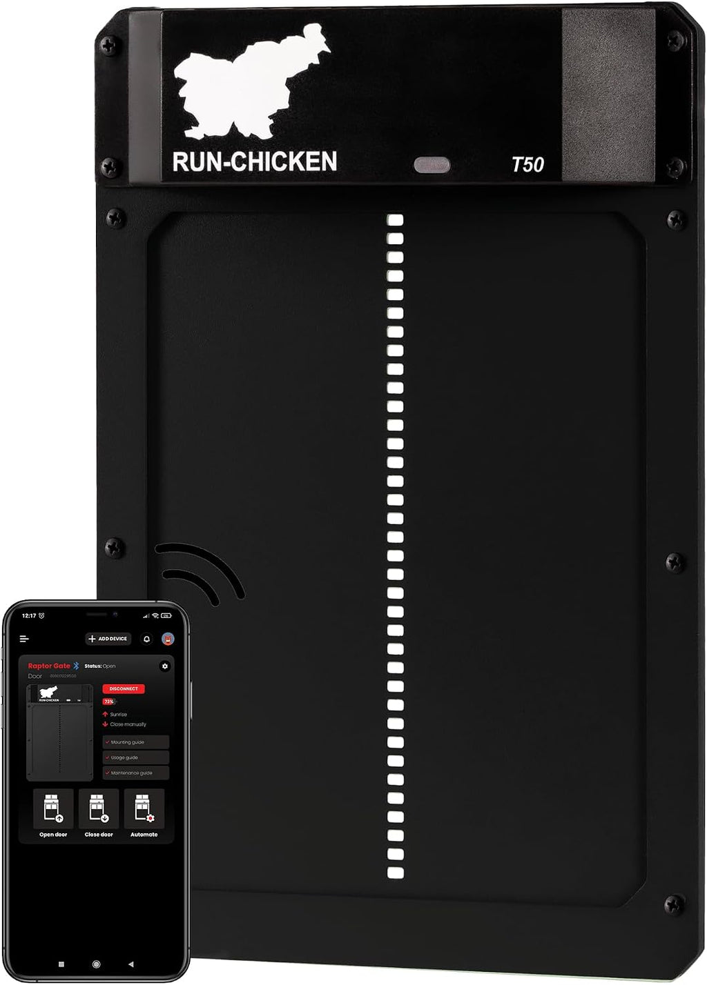 Door T50 – Automatic Chicken Coop Door Opener, Battery Powered & Weatherproof Aluminum, Smart App & Timer Control