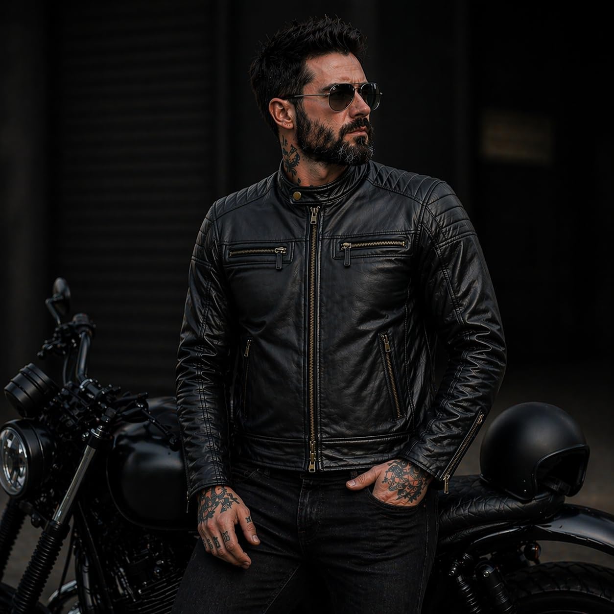 Men’s Leather Motorcycle Jacket, Distressed Biker Riding Jacket with Armor Pockets, Removable Liner