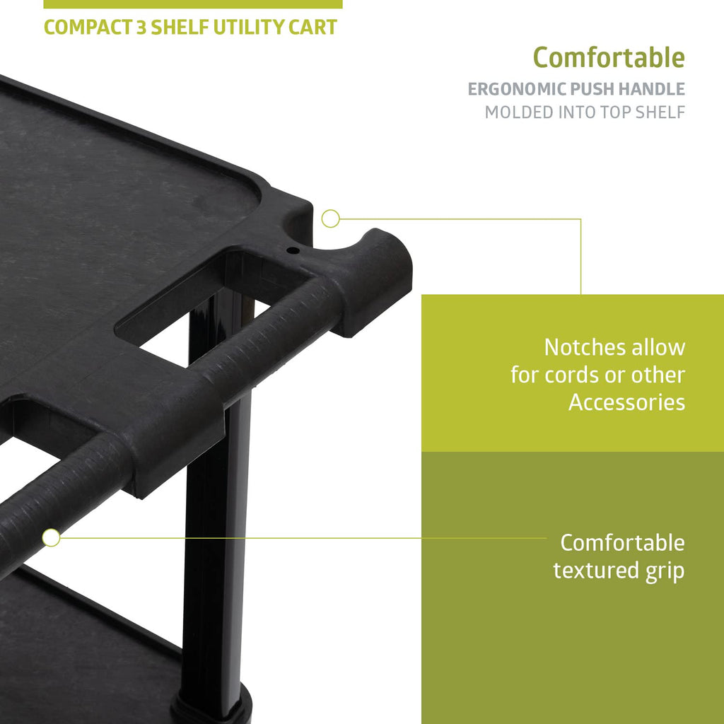 3-Tier Compact Multi-Purpose Plastic Utility Cart with Lockable Wheels up to 300LBS, Black