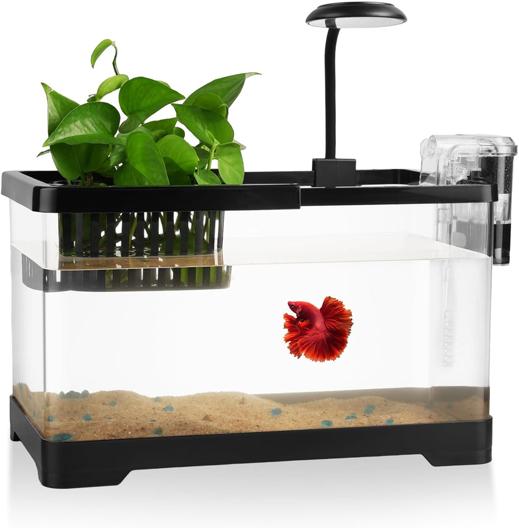 1.8 Gallon Beta Fish Tank Aquariums Kits - Clear Small Fish Bowl Starter Kit with LED Light, Water Filter Pump