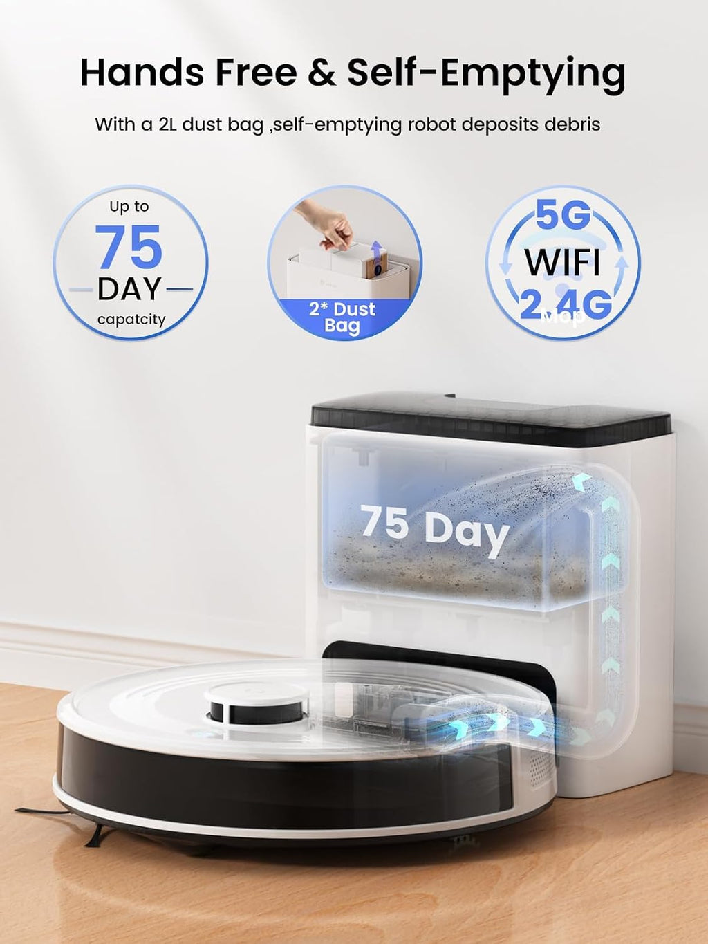 Robot Vacuum and Mop,75-Day Self-Emptying,6000Pa Powerful Suction,Customized Cleaning,Home Mapping, 140 Min Runtime