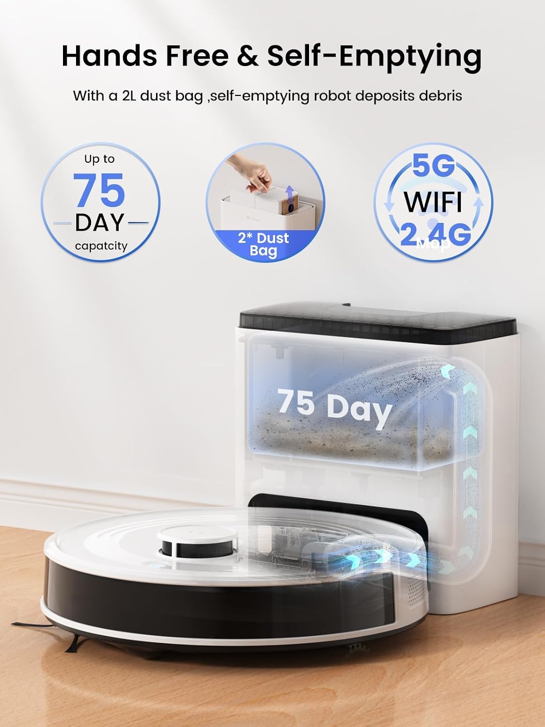 Robot Vacuum and Mop,75-Day Self-Emptying,6000Pa Powerful Suction,Customized Cleaning,Home Mapping, 140 Min Runtime